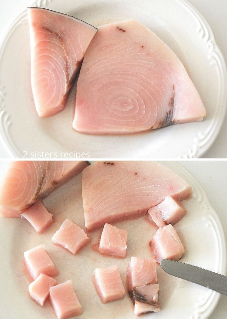 Two photos of swordfish steaks, and cut into cubes. by 2sistersrecipes.com