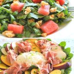 A green salad with watermelon bites, and the other with sliced peaches and burrata in the center of the platter. by 2sistersrecipes.com