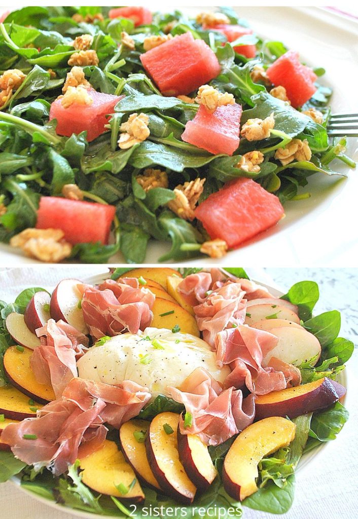 A green salad with watermelon bites, and the other with sliced peaches and burrata in the center of the platter.  by 2sistersrecipes.com