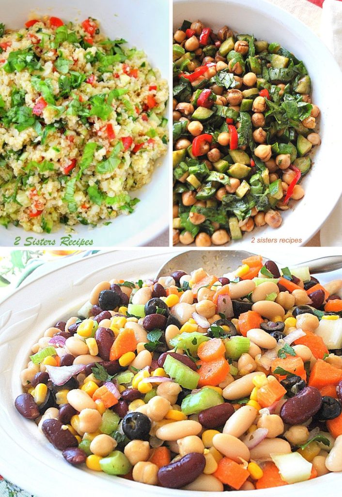 Three salads with beans and quinoa, and chickpeas.  