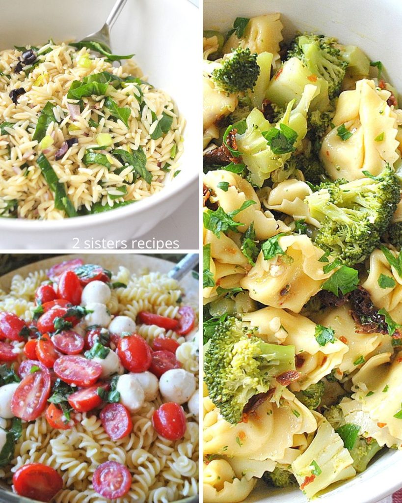 3 photos of pasta salads, one with orzo, rotini pasta and tortellini with broccoli salad.  by 2sistersrecipes.com