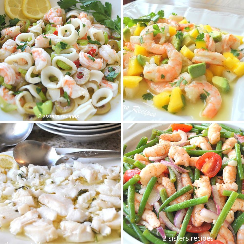 4 photos of seafood salads in white serving dishes. by 2sistersrecipes.com