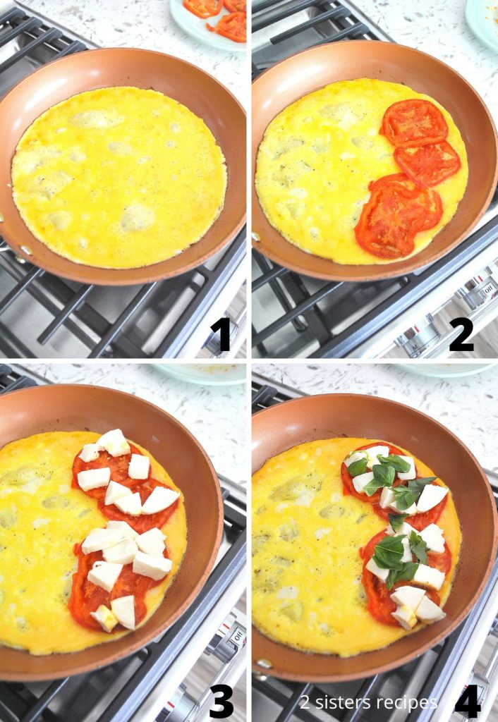 4 steps to making the caprese omelet in a skillet. by 2sistersrecipes.com