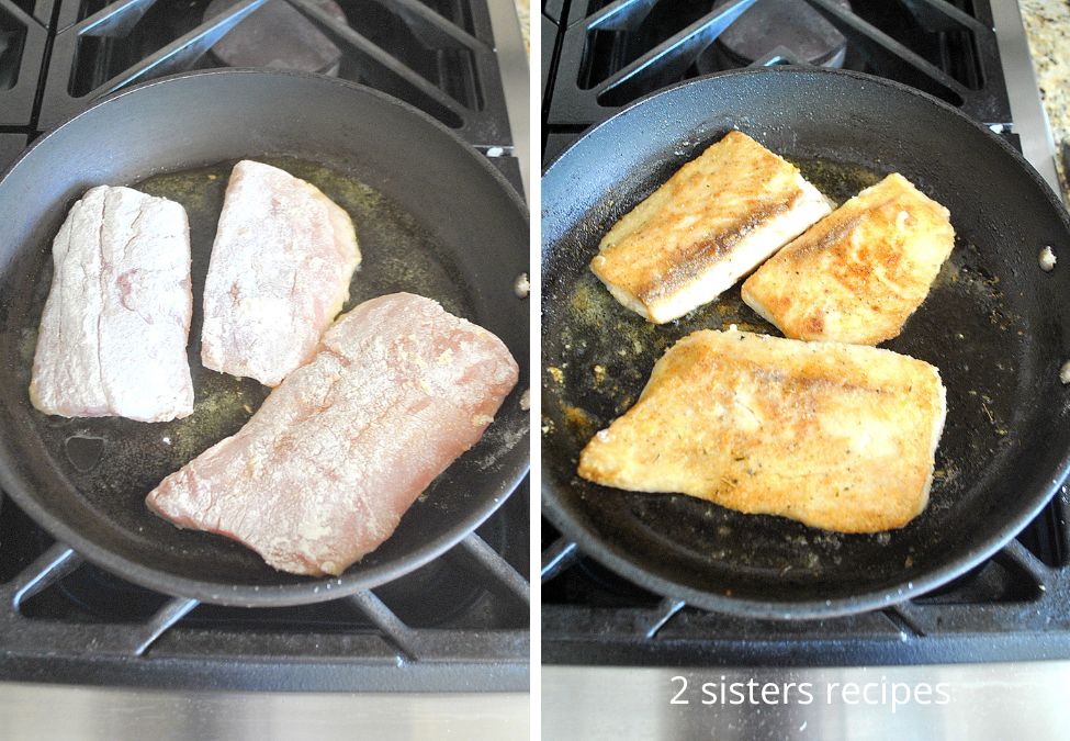 A black skillet cooking 3 pieces of Mahi Mahi. by 2sistersrecipes.com