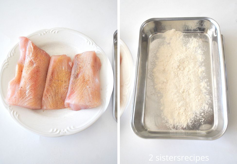 One plate with raw mahi on it and a pan with some flour in it. By 2sistersrecipes.com