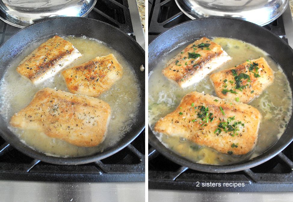 Wine and lemon juice poured over the fish in the skillet. by 2sistersrecipes.com