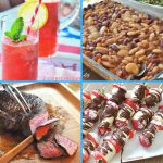 Tall glasses filled with watermlon juice, balked beans, carving a large steak, and banana and strawberry Kabobs