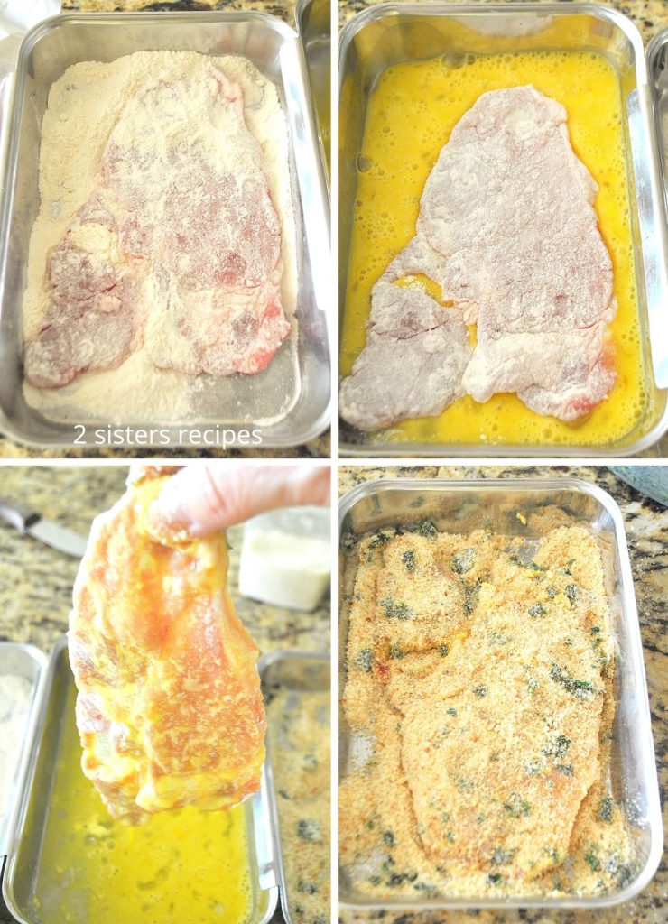 Dredging the pork pieces into the flour, eggs and bread crumbs. by 2sistersrecipes.com 