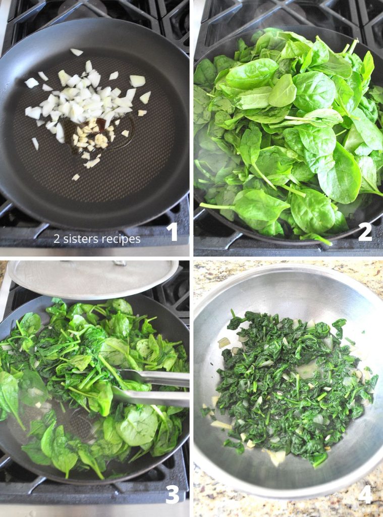 4 Steps to sautéing spinach in a skillet. by 2sistersrecipes.com 