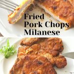 A forkful of fried pork chop served on a white plate.