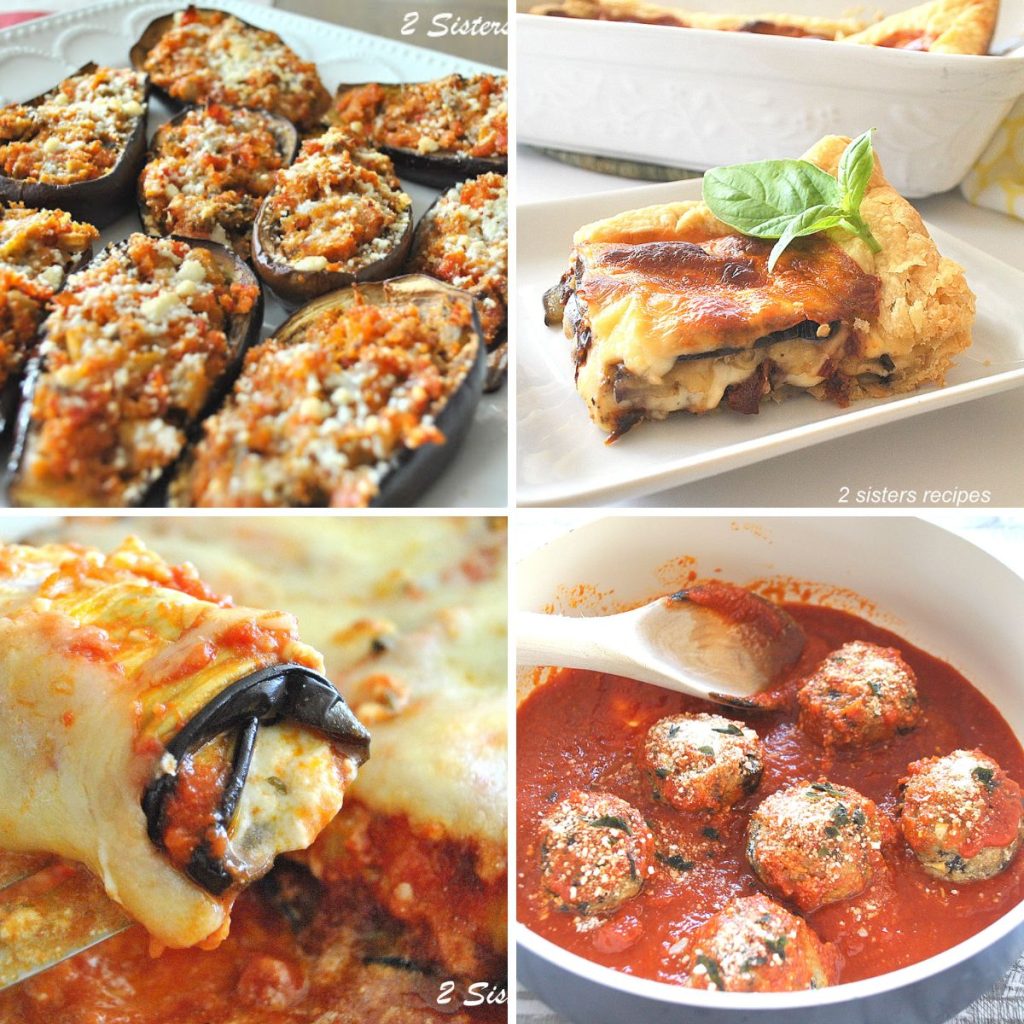 4 different eggplant dishes and recipes displayed in white plates