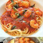 Shrimp and Lobster Sauce served with spaghetti in a white plate.