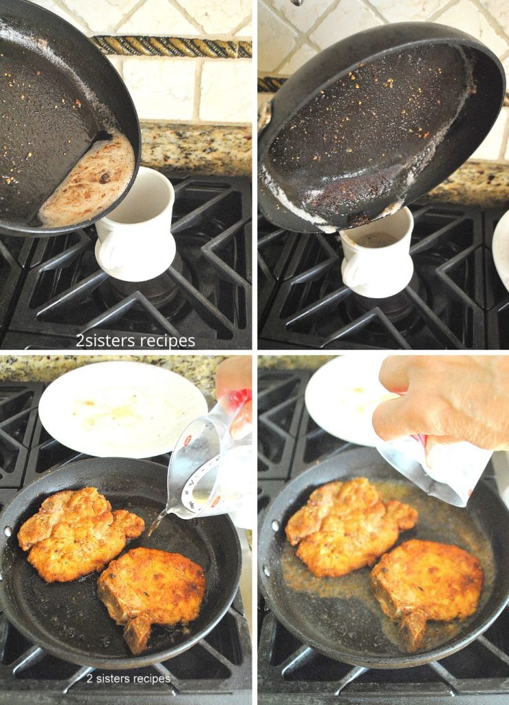 Pouring oil into a mug, then adding vinegar to the chops in the skillet. by 2sistersrecipes.com