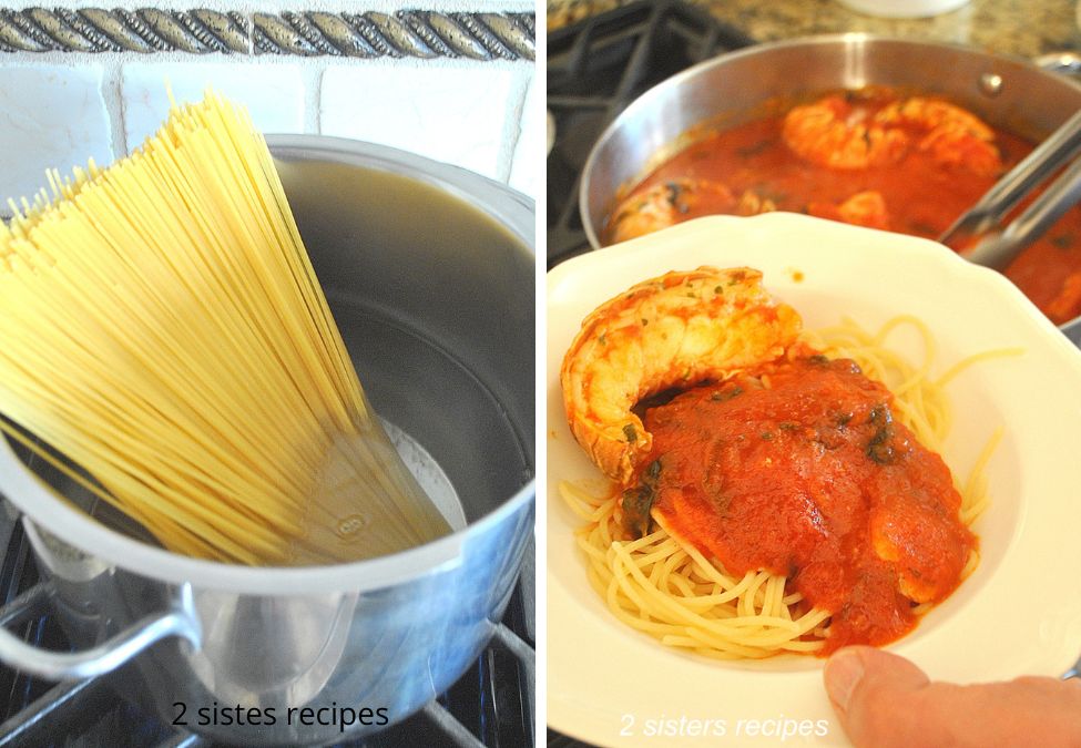 A large pot with spaghetti tossed inside, and a plate with spaghetti and sauce. by 2sistersrecipes.com