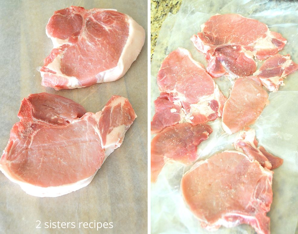 2 raw pieces of pork chops on wax paper. by 2sistersrecipes.com