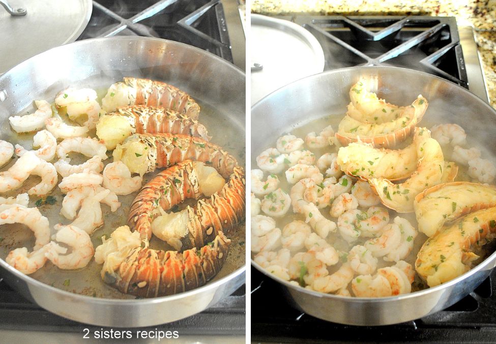 In a stainless steel deep skillet, sautéing shrimp and lobster tails.  by 2sistersrecipes.com 