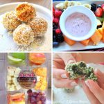 A photo of orange balls on a white plate, and bowl of purple-hue cream dip with fresh bites of fruit and an spinach ball in hand.
