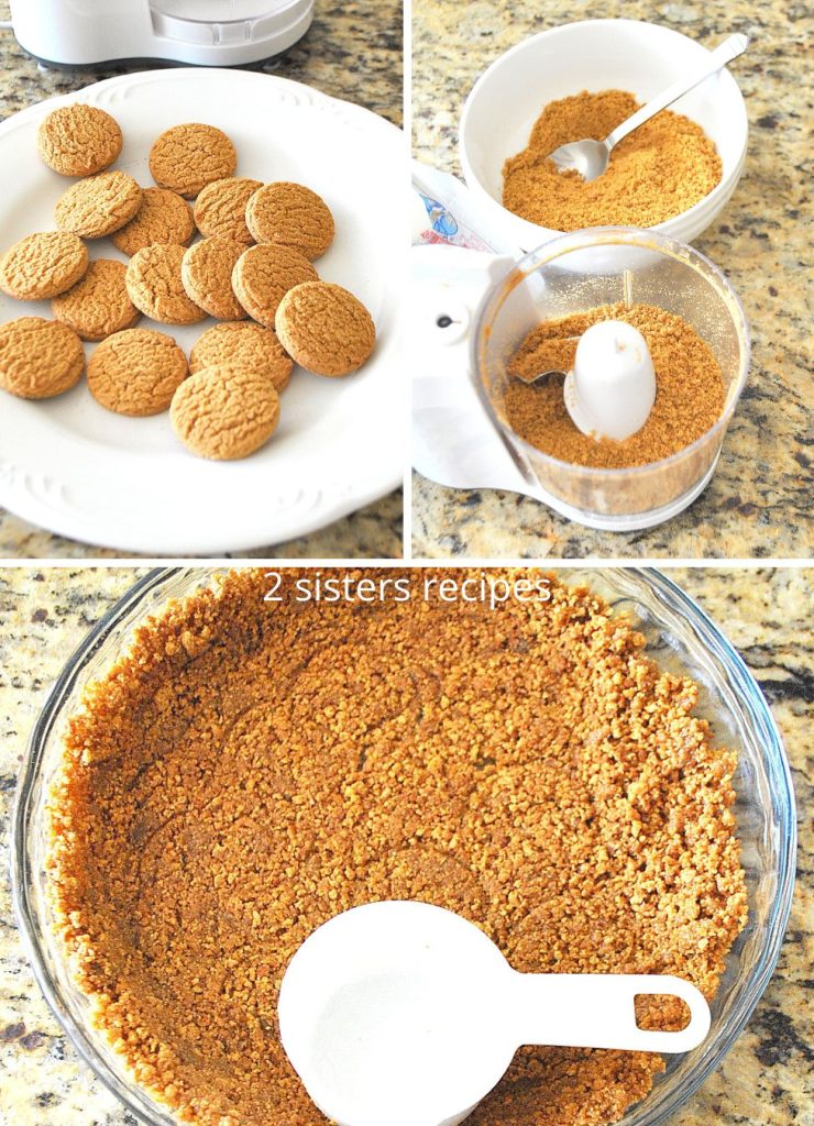 3 photos of ginger snap cookies, made into crumbs and placed inside baking dish as the crust for the pie. by 2sistersrecipes.com