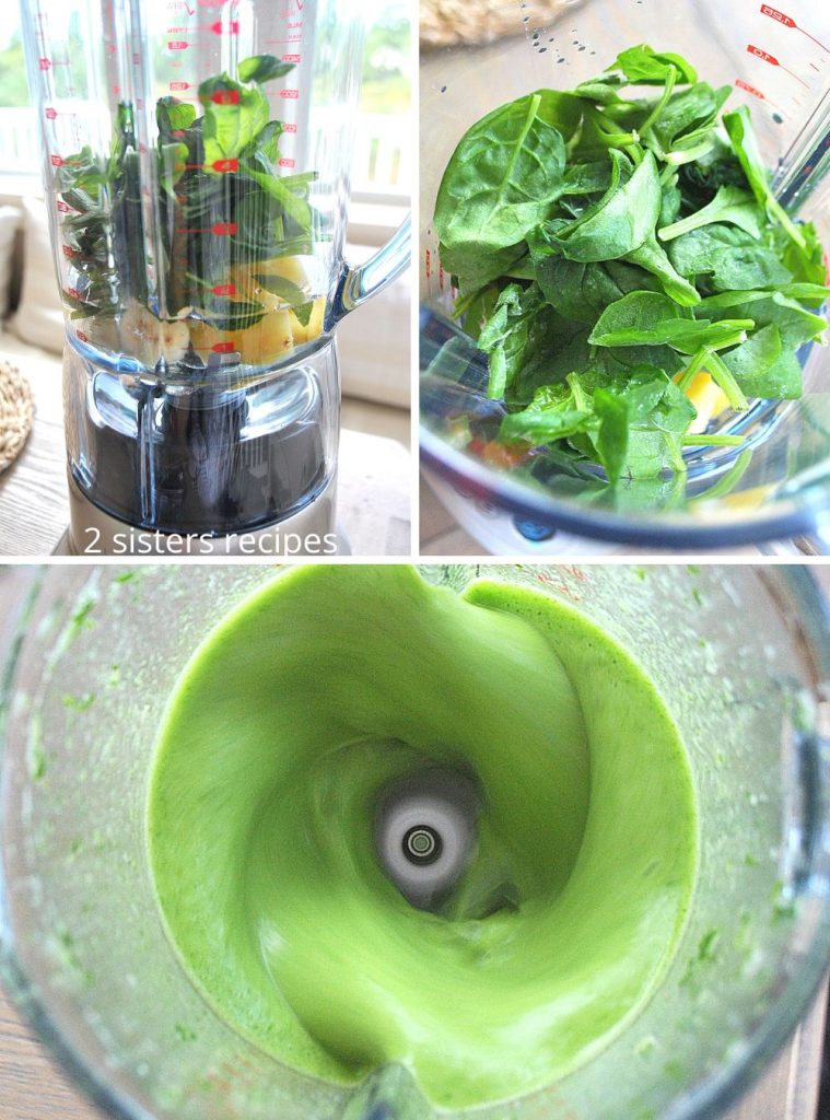  A blender with the 4 ingredients inside, and blending in the other photo. by 2sistersrecipes.com