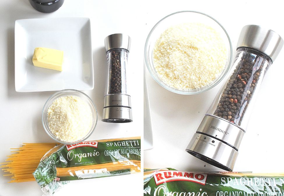 2 photos showing the ingredients for cacio e pepe recipe.  by 2sistersrecipes.com