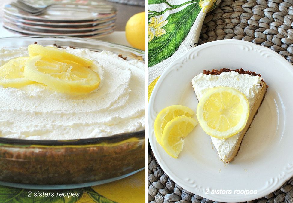 a photo with the pie, and one photo with a slice of pie on a white plate.