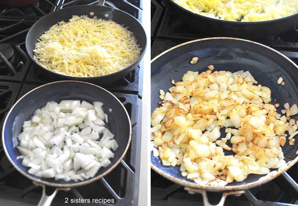 2 skillets with hash browns and chopped onions, by 2sistersrecipes.com