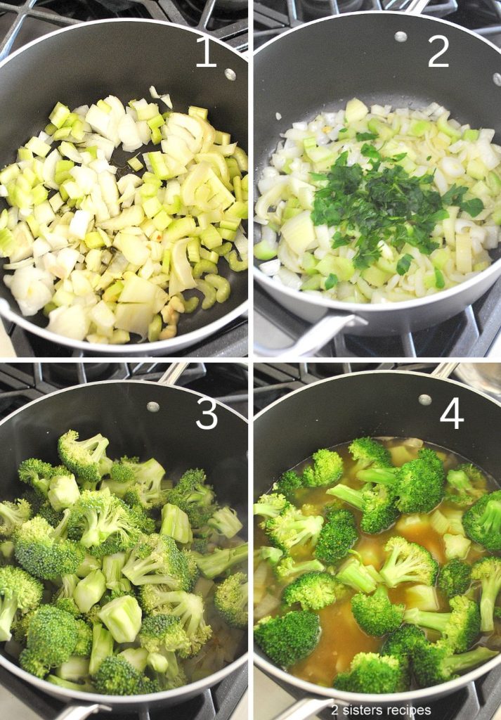 4 steps of veggies cooking in a large soup pot. by 2sistersrecipes.com