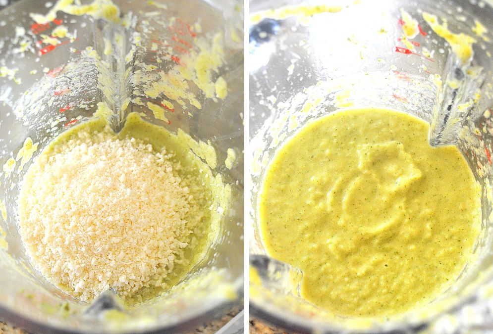 2 photos of blender with grated parmesan cheese and broccoli pureed. by 2sistersrecipes.com