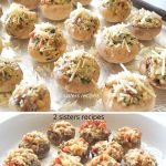 A baking pan filled with unbaked stuffed mushrooms and a white dish filled with them baked.