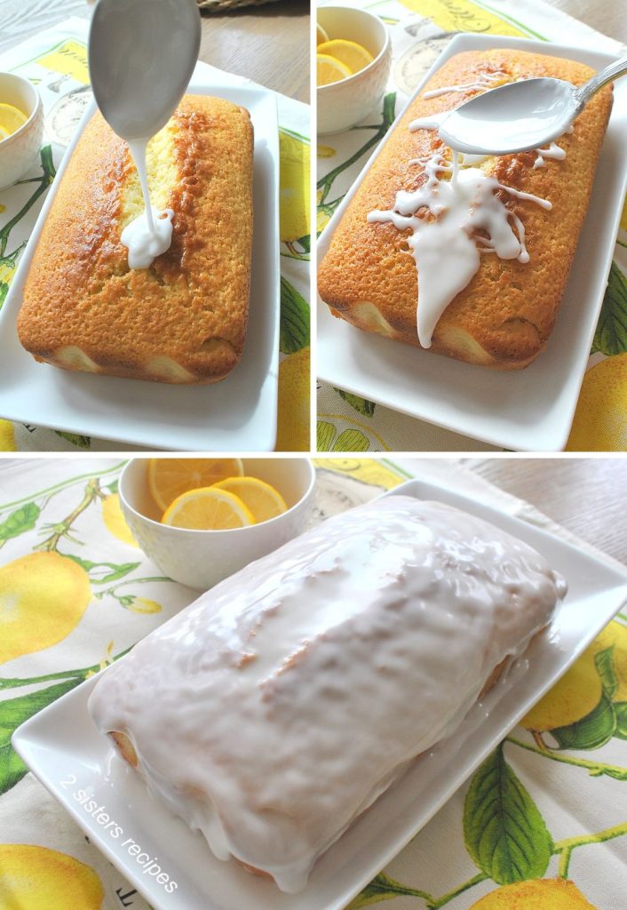 2 photos of the lemon pound cake with icing drizzled on top. by 2sistersrecipes.com
