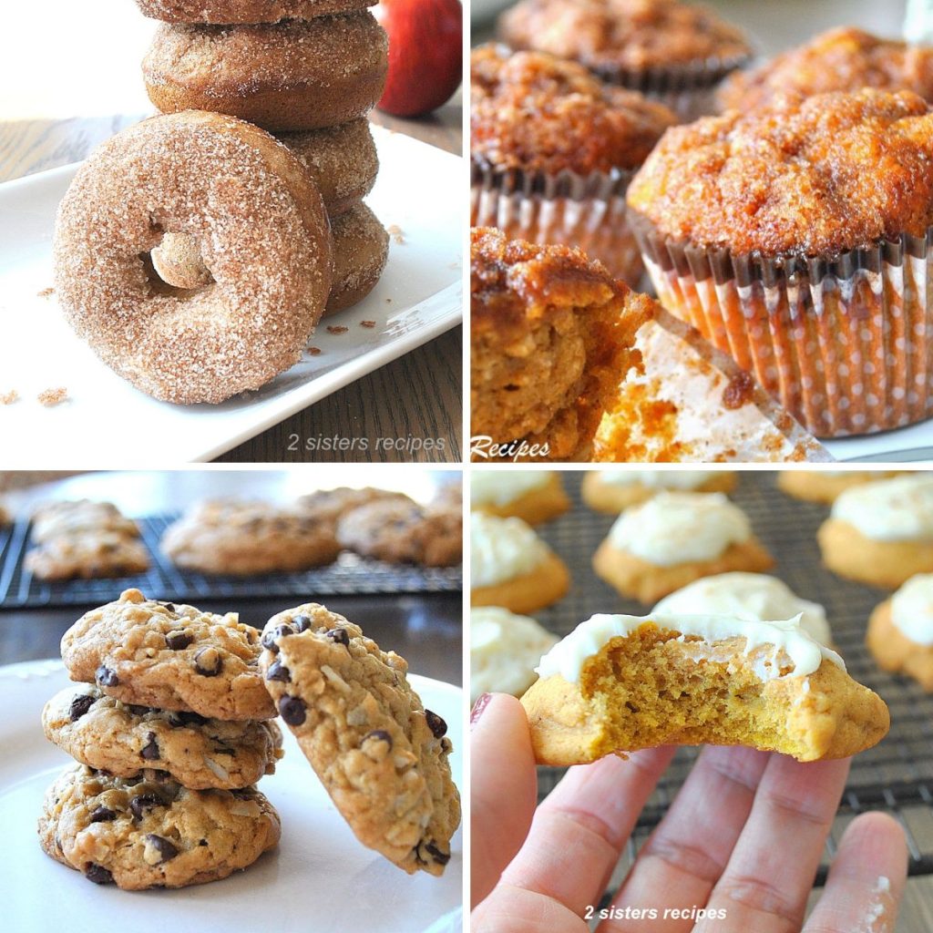 A display of cookies, donuts, and muffins served on a white plates.