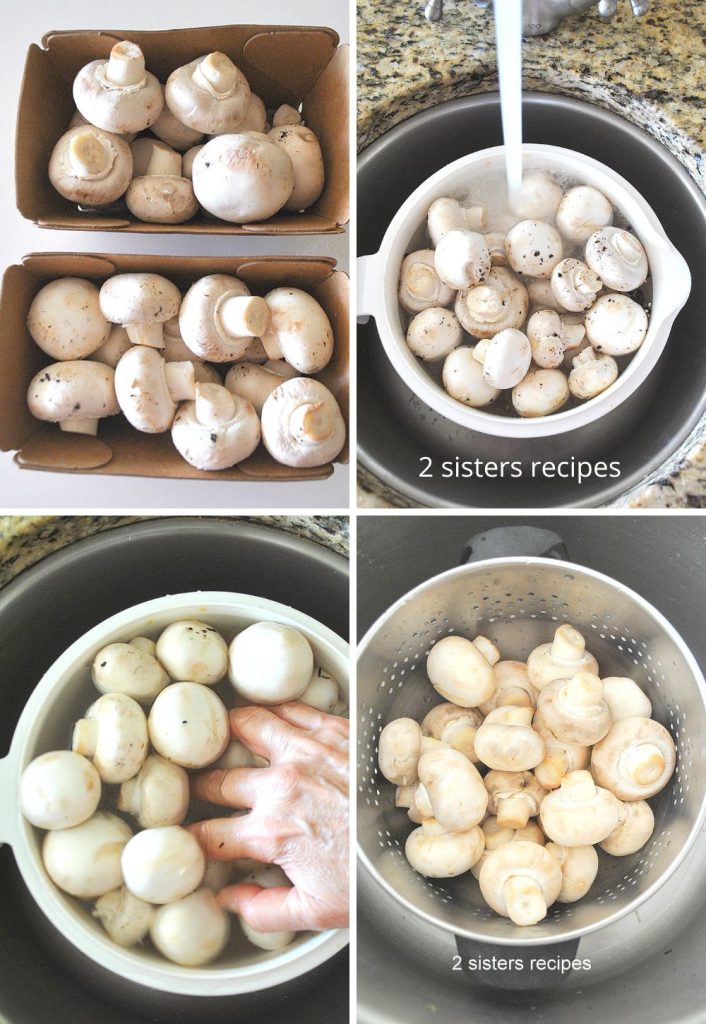 4 photos with steps to clean mushrooms in a white bowl, in a small sink. by 2sistersrecipes.com