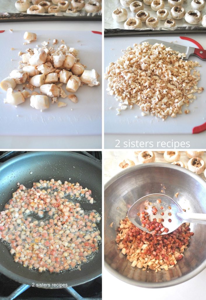 4 photos of finely chopped mushrooms and pancetta cooking in a skillet. by 2sistersrecipes.com