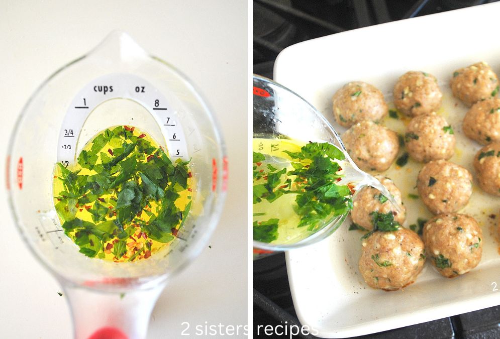 lemon sauce is poured over  the raw turkey-meatballs in the baking dish. 