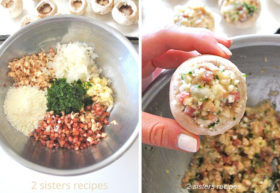 A silver bowl with all the ingredients for stuffing, and holding one stuffed mushroom cap. by 2sistersrecipes.com