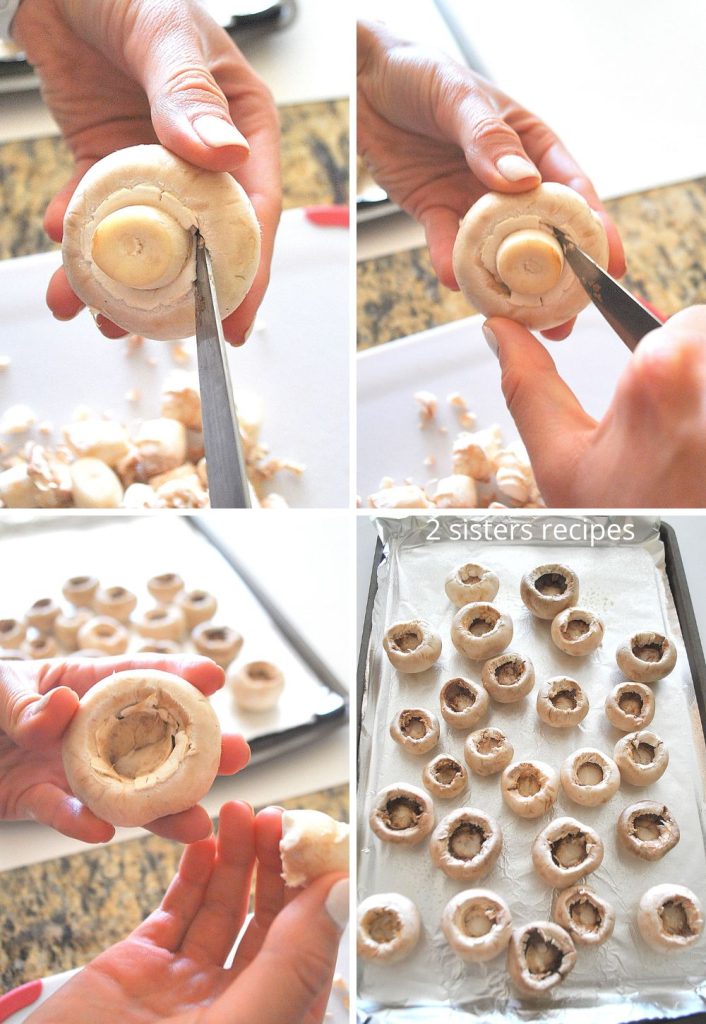photos showing how to remove the stems from each mushroom and setting them on a baking sheet.  by 2sistersrecipes.com