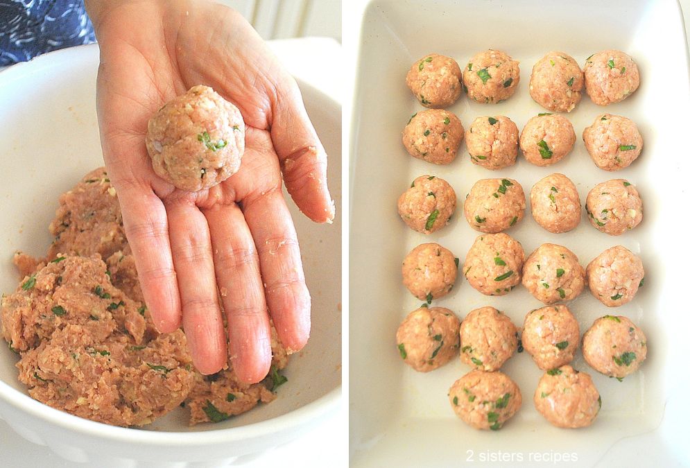 A bowl of mixture and rolled into a small ball in a palm of a hand, and a baking dish full of raw turkey meatballs.
