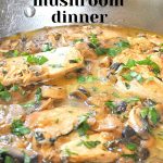 A stainless steel pan filled with cooked chicken and mushrooms topped with fresh parsley.