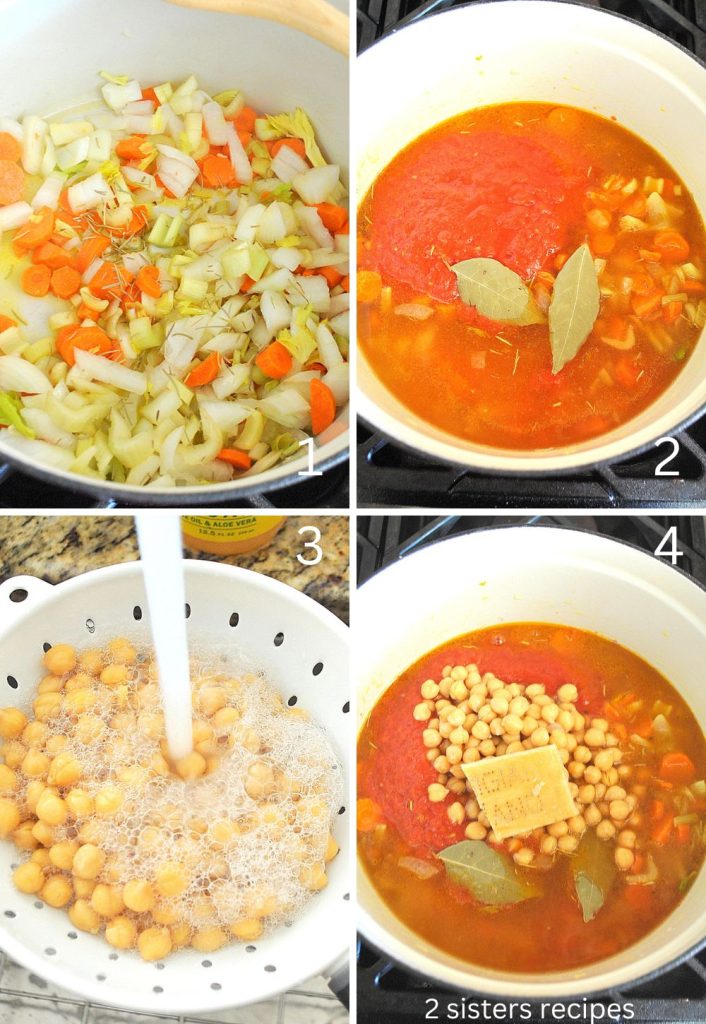 4 photos of steps for the soup in a dutch oven pot. by 2sistersrecipes.com