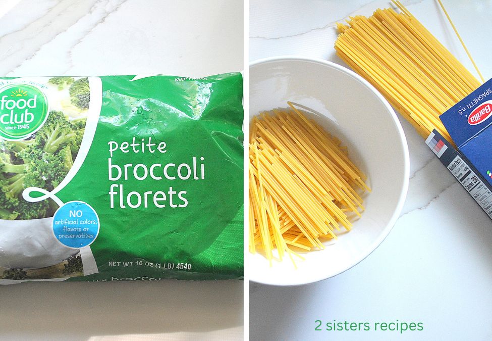 Two photos, one with frozen broccoli florets, and the  other with broken spaghetti in a small bowl. by 2sistersrecipes.com
