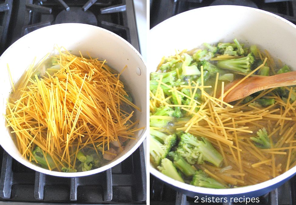 two photos with broken spaghetti tossed into the pot with broccoli. by 2sistersrecipes.com