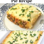 A serving of a meat and veggies casserole topped with mashed potatoes.