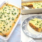 2 photos, one with the casserole dish and a piece on a plate.