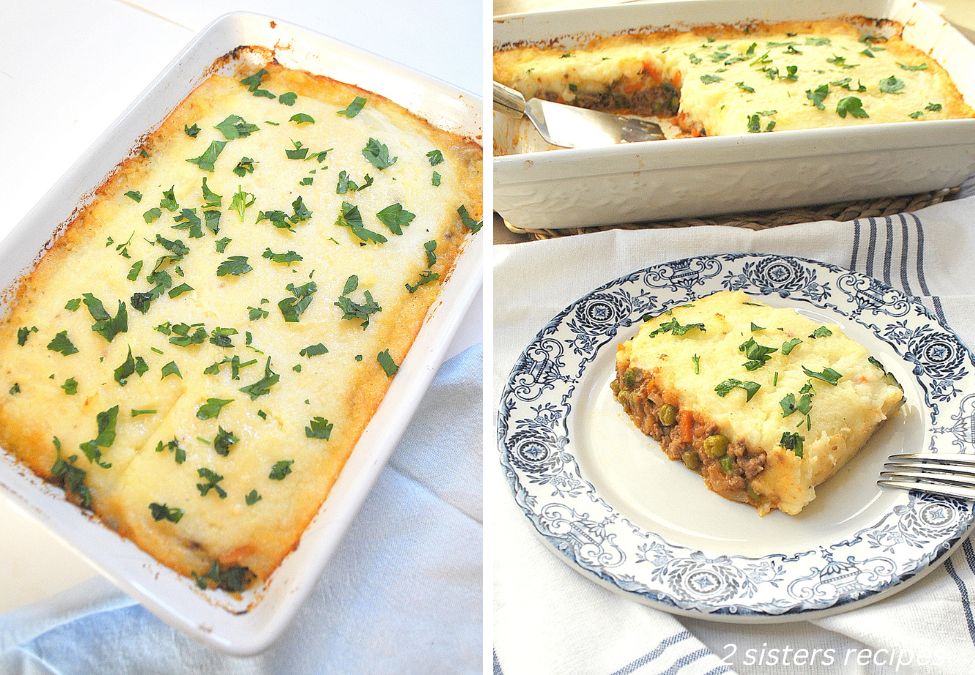 2 photos, one with the casserole dish and a piece on a plate. by 2sistersrecipes.com