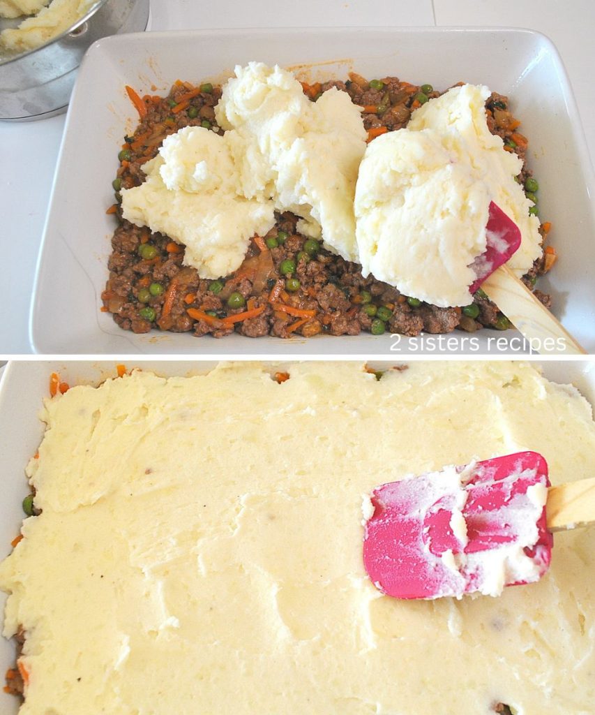Mashed potatoes are spooned onto meat mixture and spread evenly. by 2sistersrecipes.com