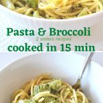 A forkful of spaghetti with broccoli served in a white bowl.