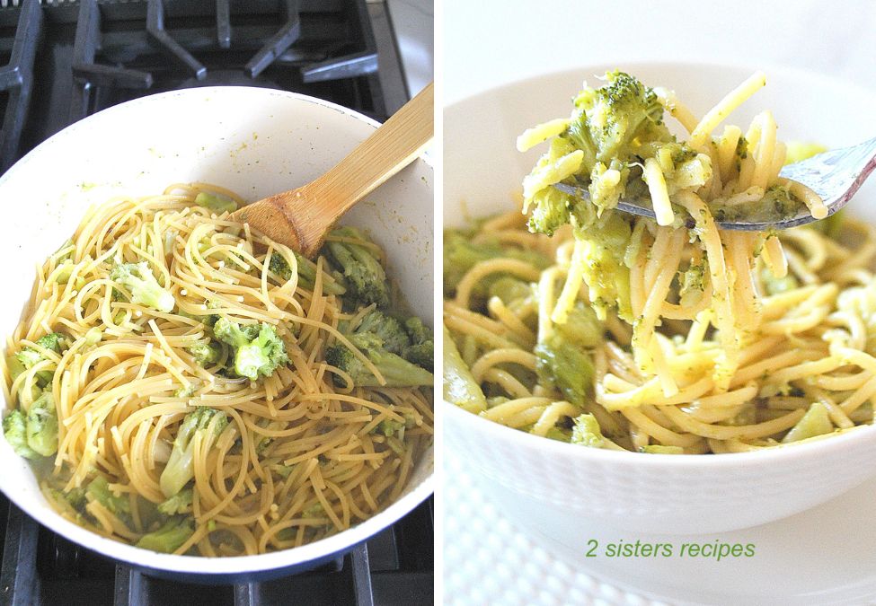 One photo with pasta in the pot, and the other, a forkful of pasta with broccoli. by 2sistersrecipes.com