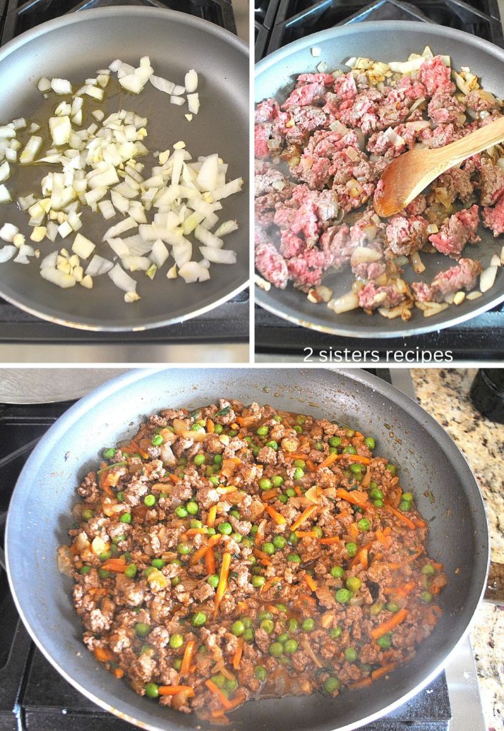 Three photos of ground beef in a skillet simmering with onions, peas and carrots. by 2sistersrecipes.com