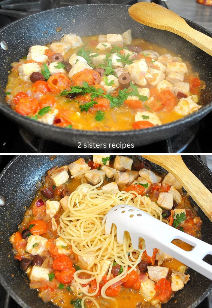 2 photos of swordfish and spaghetti in a black skillet. by 2sistersrecipes.com