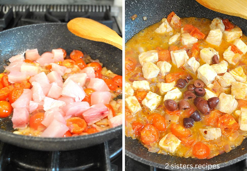 Swordfish tossed into a black skillet. by 2sistersrecipes.com